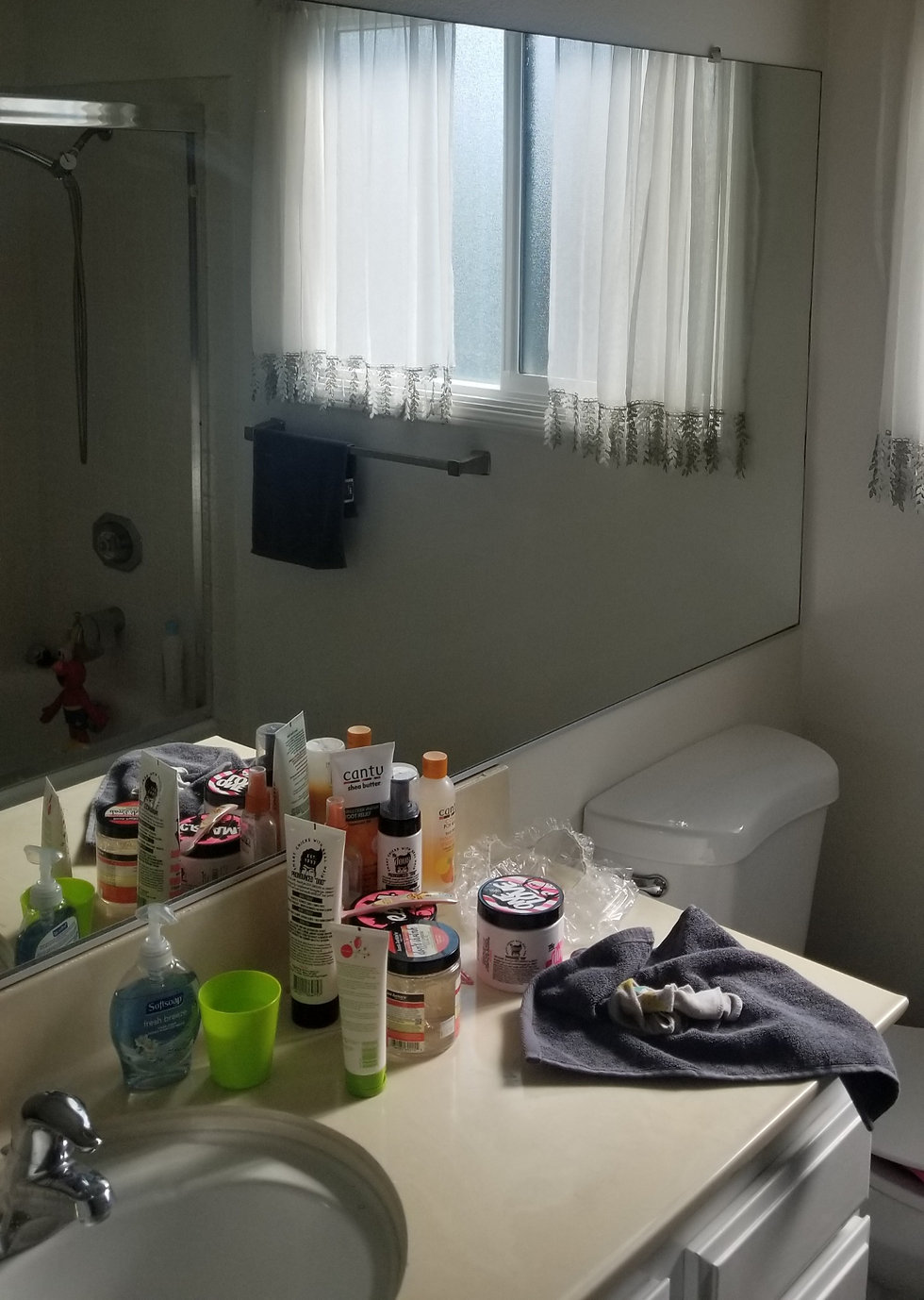 Hopkins bathroom before remodel — cluttered vanity, large wall mirror and dated fixtures